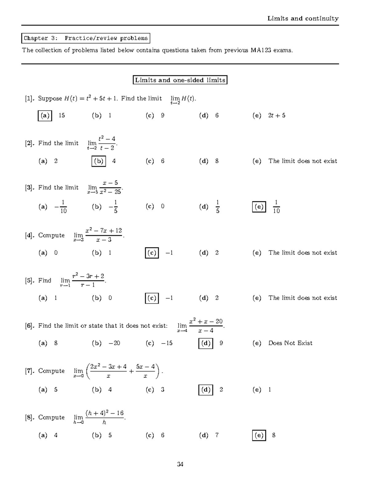 Answers Review Chapter 3 - Limits and continuity Chapter 3: Practice ...