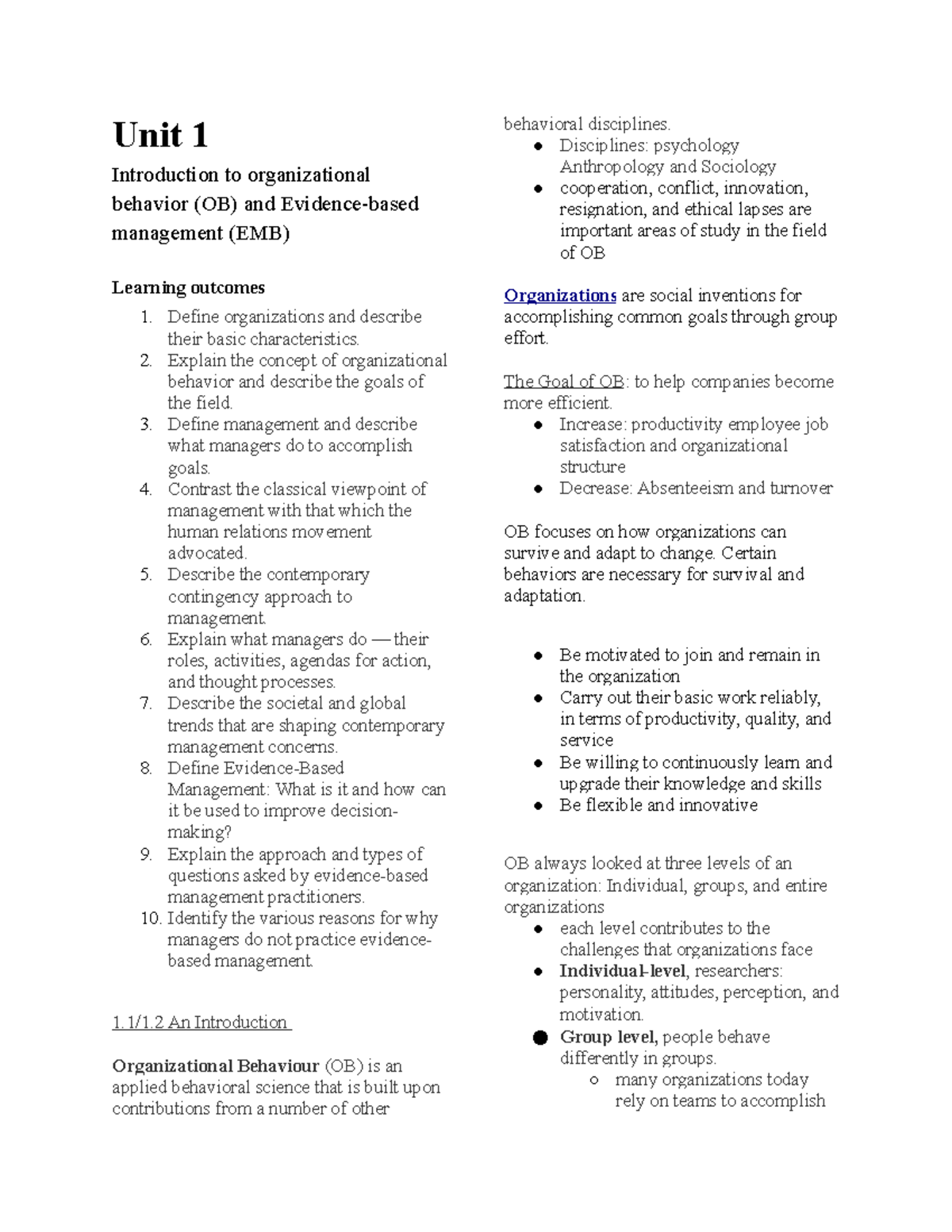 Unit 1 - Lecture Notes Week 1 - Unit 1 Introduction To Organizational ...