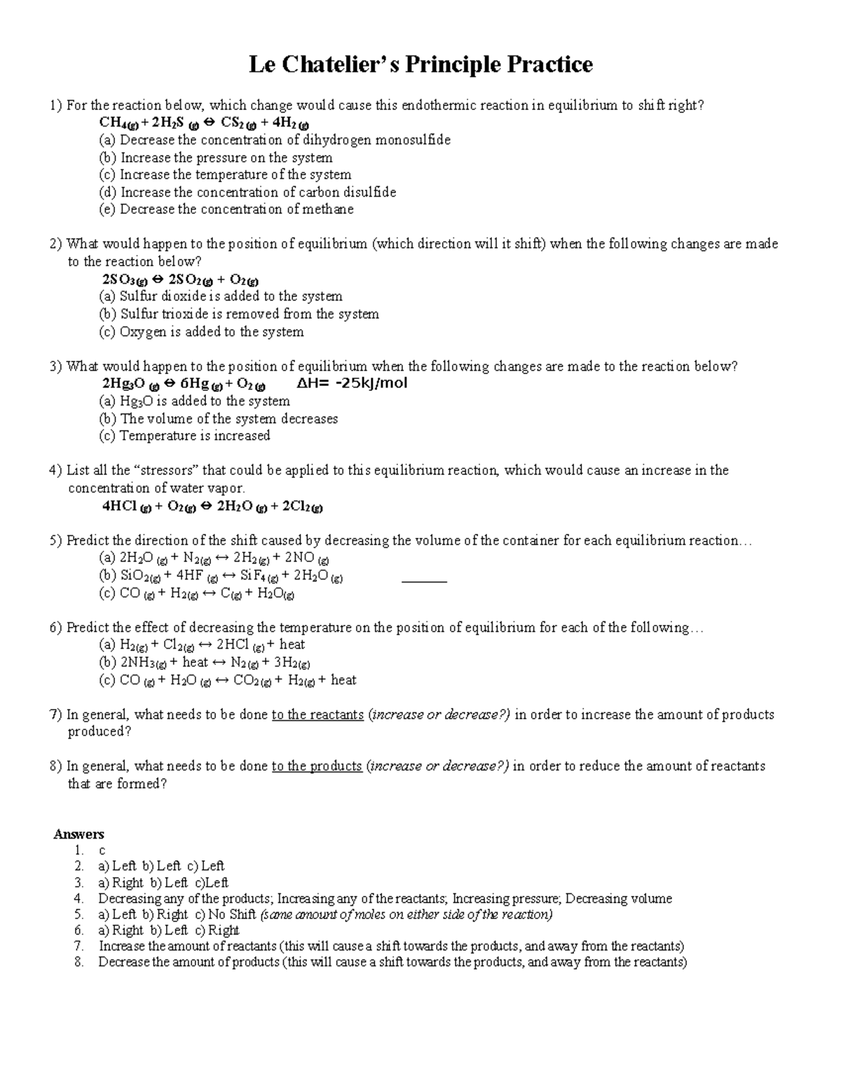 Le chatelier practice q and answers - Le Chatelier’s Principle Practice ...