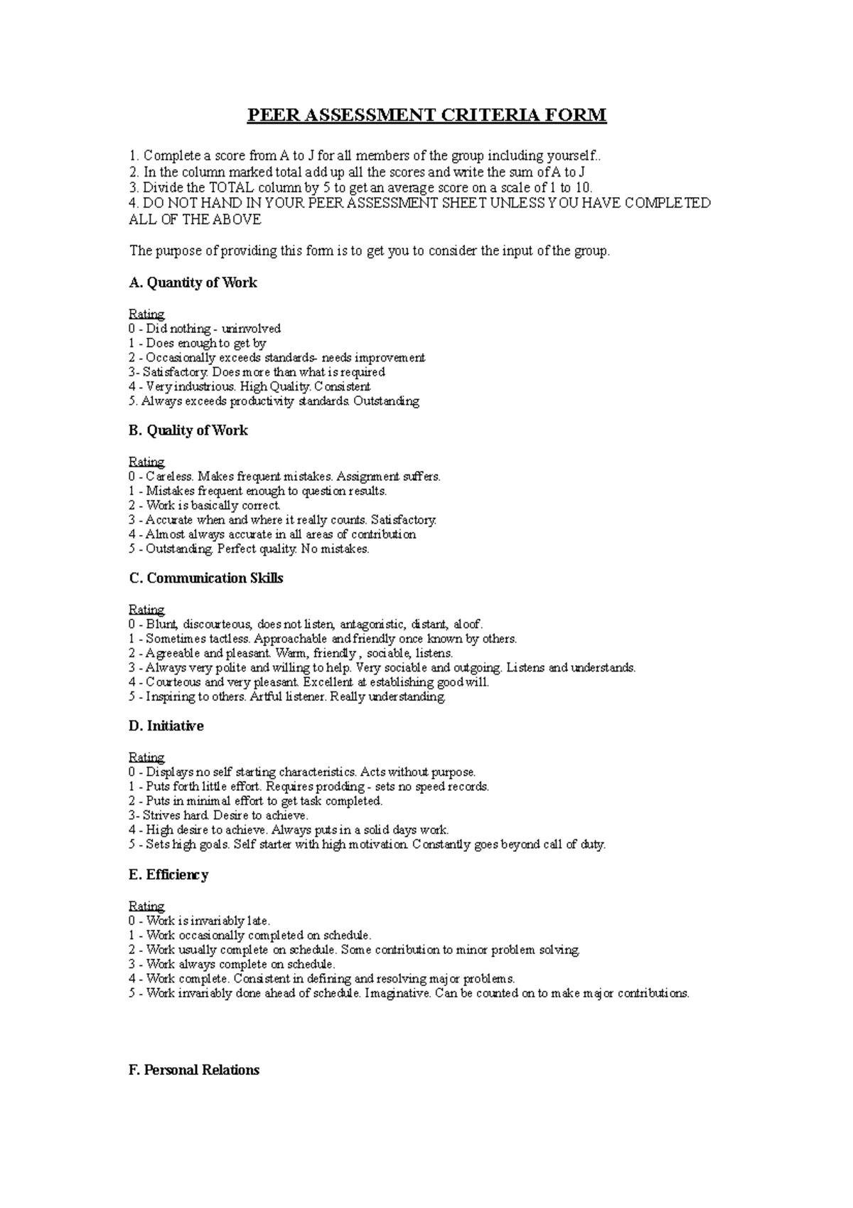 PEER Assessment Criteria Form - PEER ASSESSMENT CRITERIA FORM 1 ...