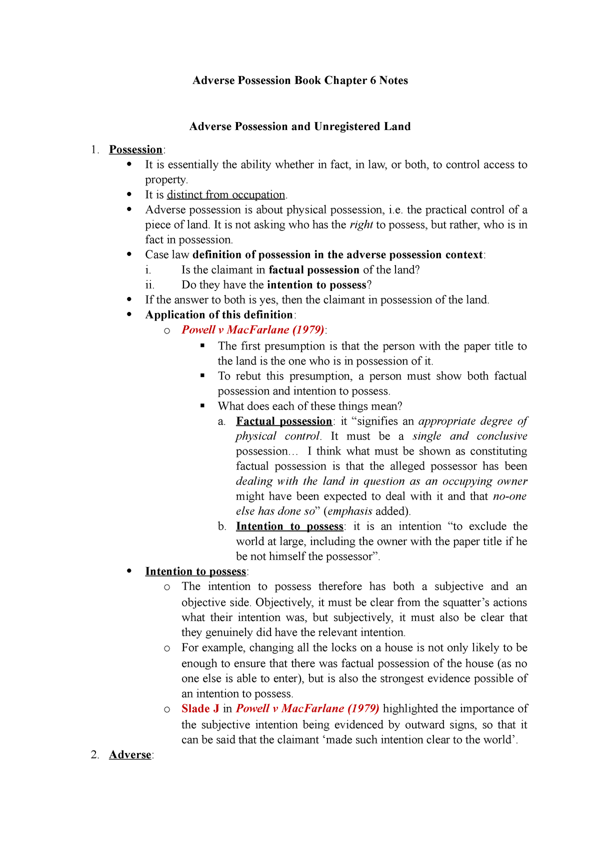 Land Law Book Chapter 6 Adverse Possession Notes - Adverse Possession ...