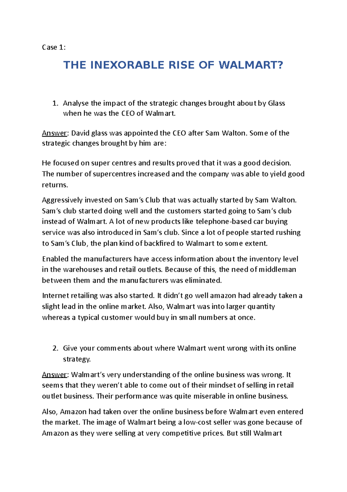 Case 1 SCM - Case 1: THE INEXORABLE RISE OF WALMART? Analyse the impact ...