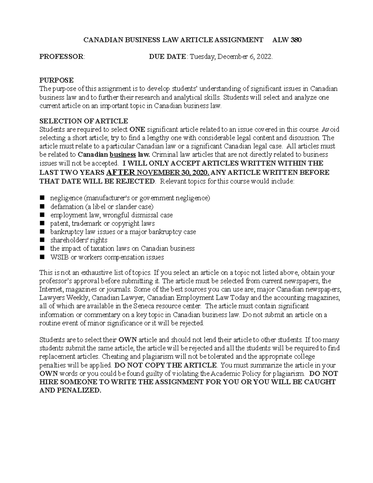 ALW 380 Article Assignment FALL 2022 (1) - CANADIAN BUSINESS LAW ...