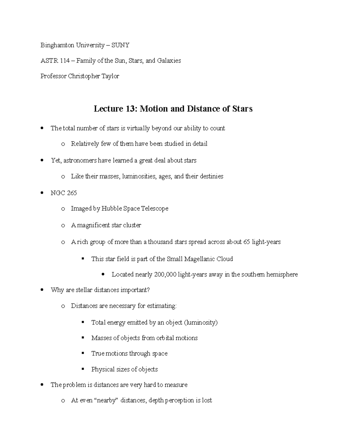 Notes On Lecture 13 - Motion And Distance Of Stars - Binghamton ...