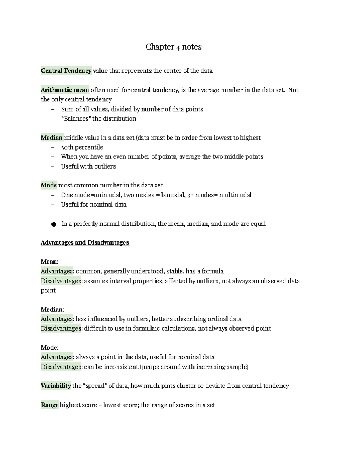 Chapter 4 Notes - Chapter 4 notes Central Tendency value that ...