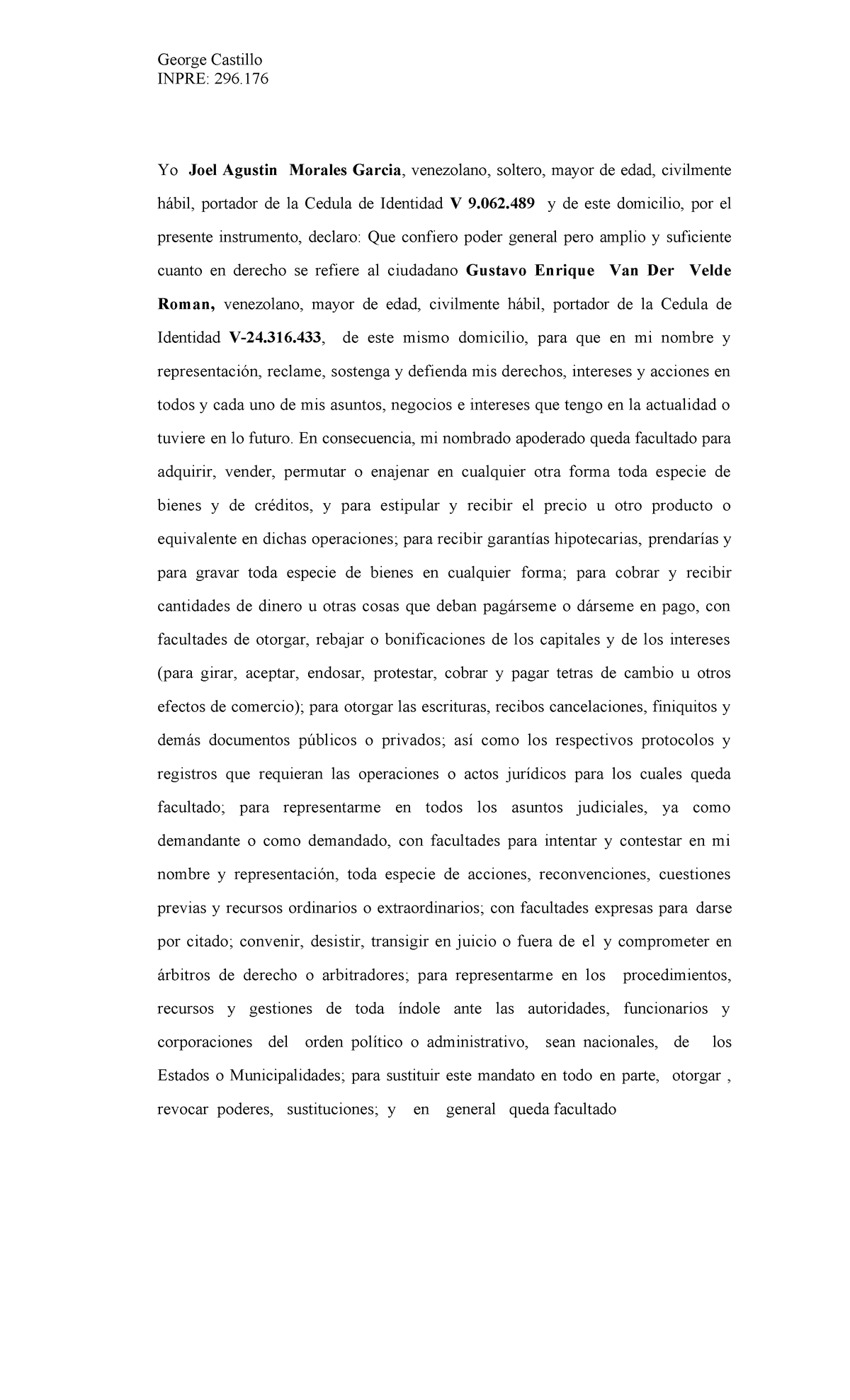 Poder JOEL - George Castillo INPRE: 296. Yo Joel Agustin Morales Garcia ...