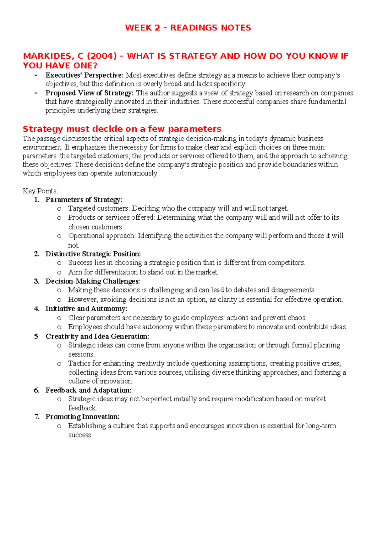 Week 2 - Readings Notes - WEEK 2 – READINGS NOTES MARKIDES, C (2004 ...
