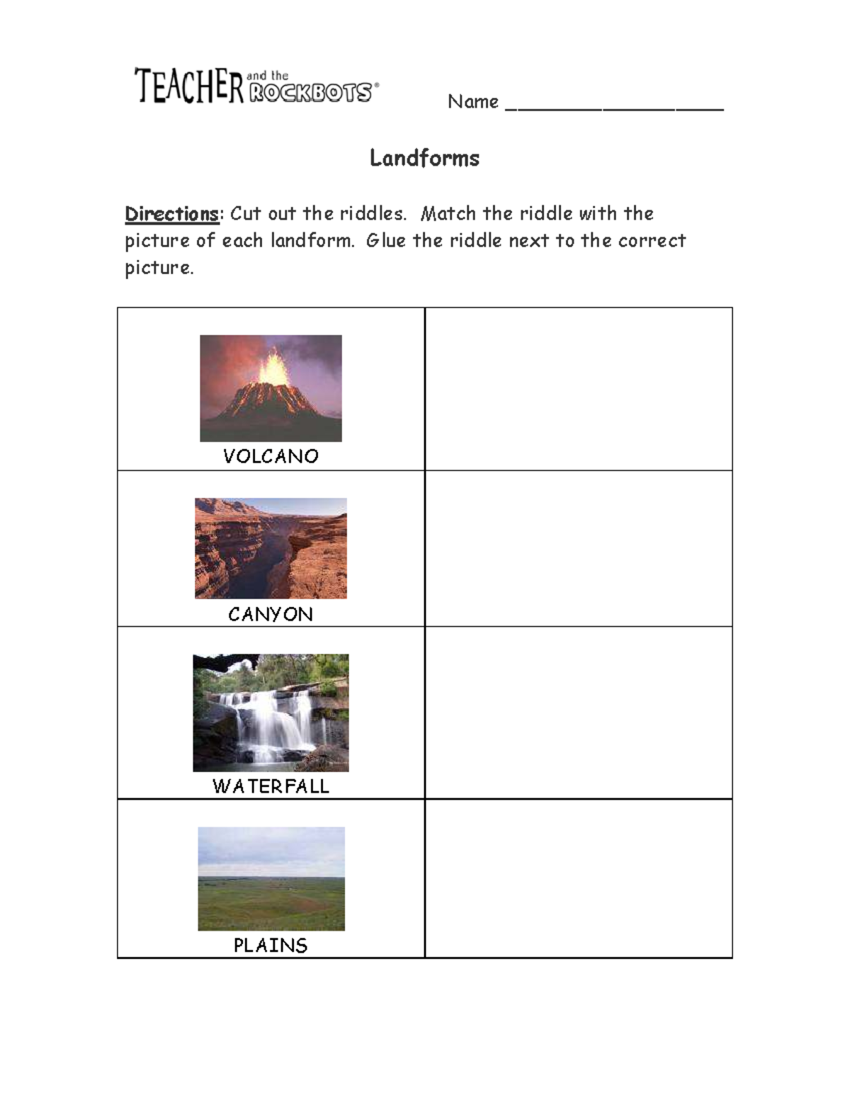 Wor Landforms - Dlp - Name __________________ Landforms Directions: Cut ...