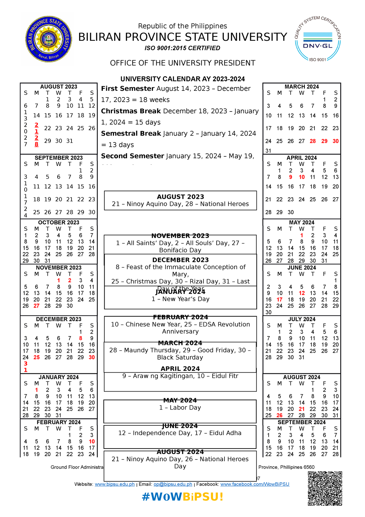 Bi PSU University Calendar 2023 2024 Republic of the Philippines