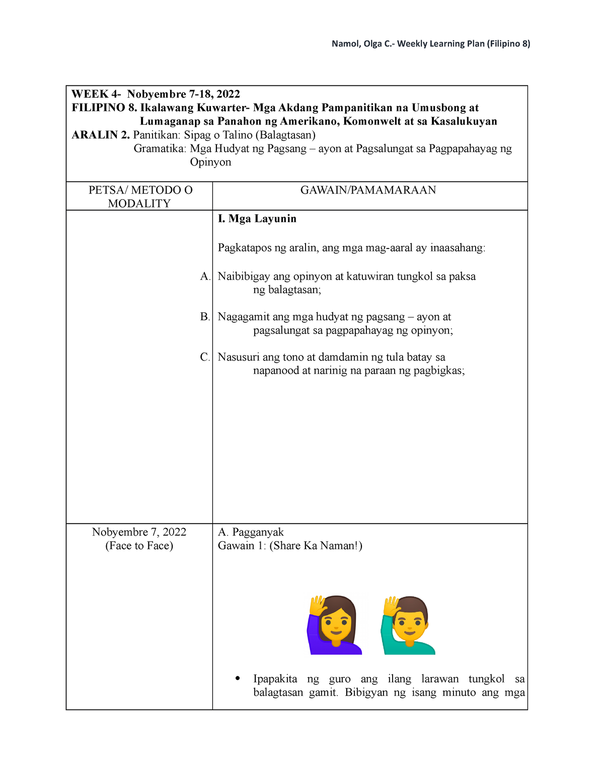 Lesson Plan Aralin 2- Balagtasan - WEEK 4- Nobyembre 7-18, 2022 ...