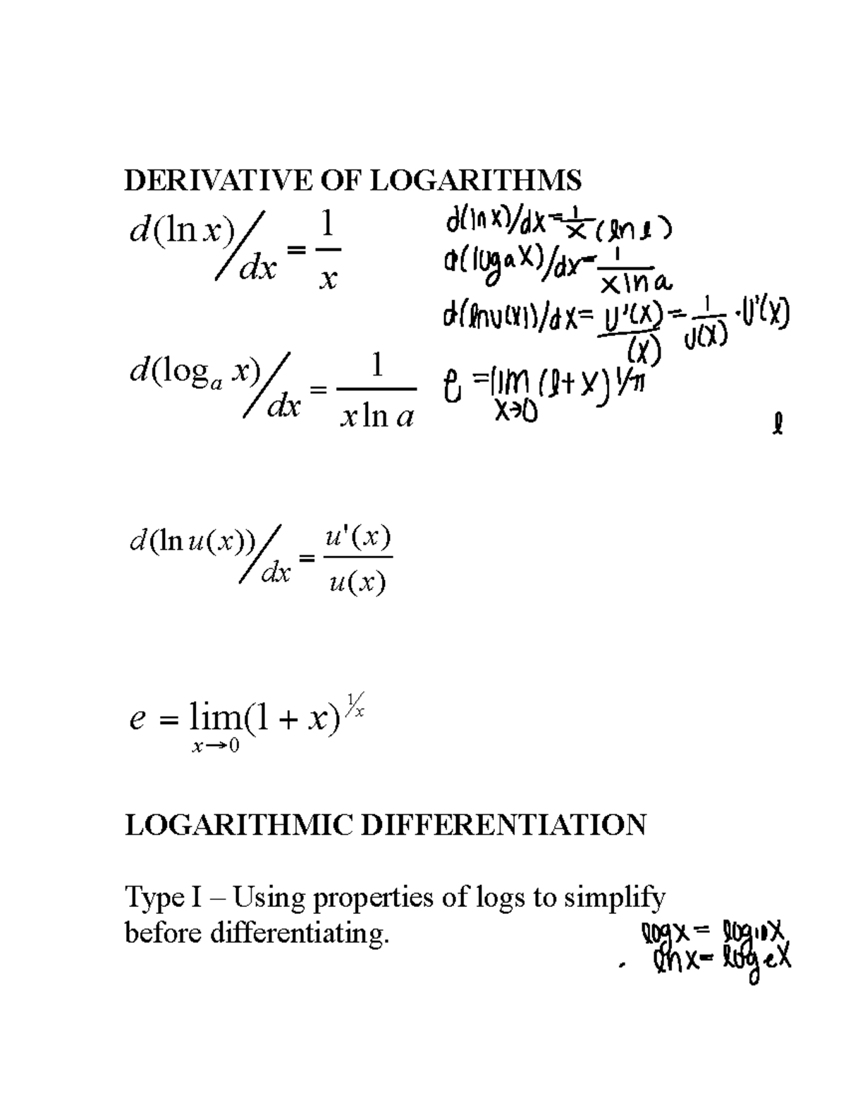 3.6 - Ms. Tighe - DERIVATIVE OF LOGARITHMS d (ln x) ! 1 = dx x d (log a ...