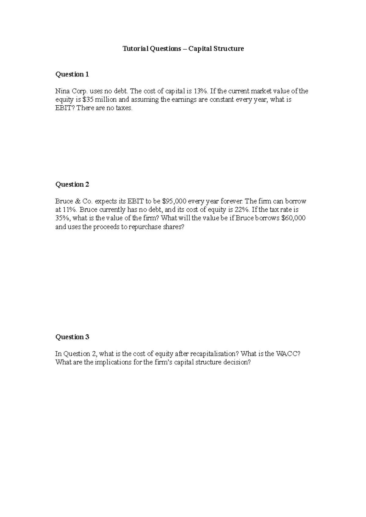 Workshop 10Q - Cap Structure - Tutorial Questions Capital Structure ...