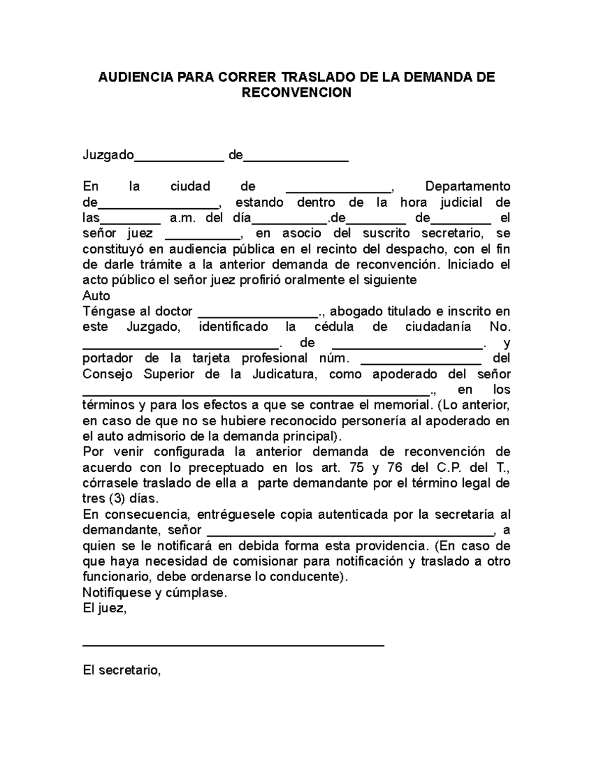 Formato ACTA Audiencia. CON Reconvencion AUDIENCIA PARA CORRER