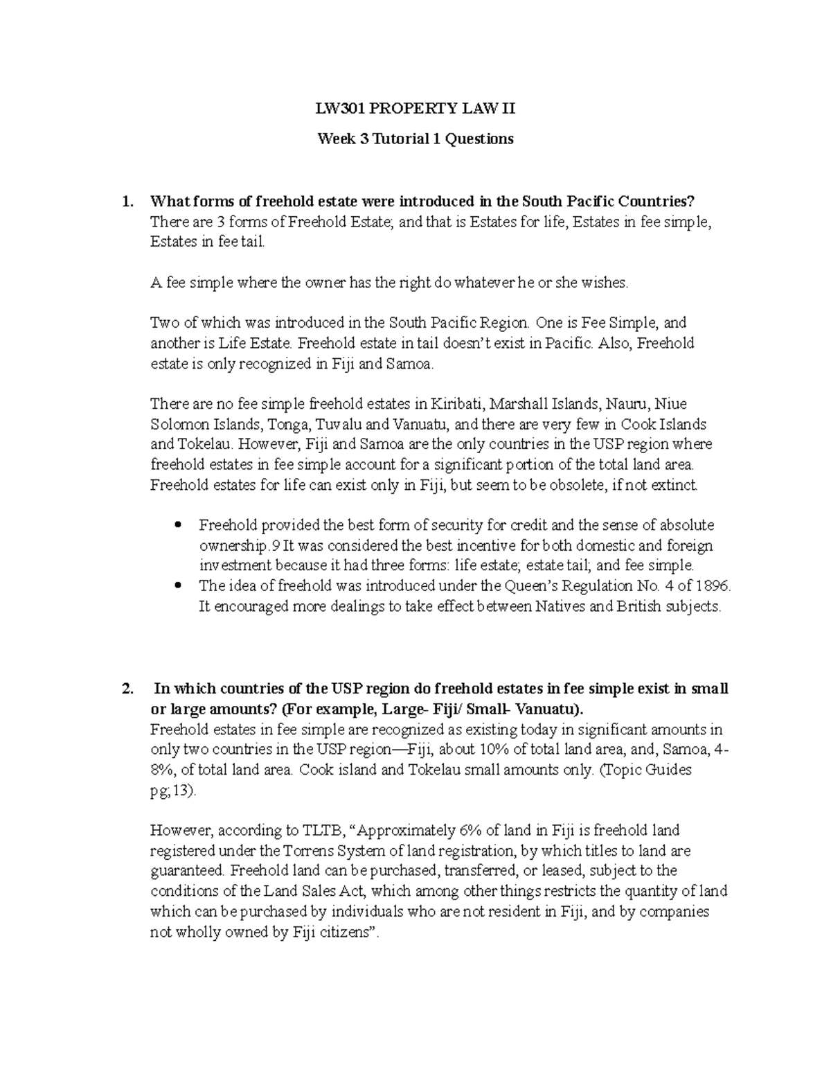 Tutorial Work For Property Law LW301 PROPERTY LAW II Week 3 Tutorial