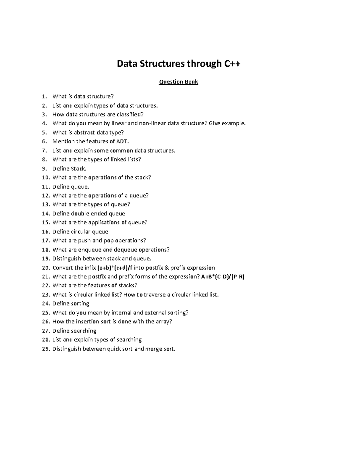 DSA Question Bank - Data Structures through C++ Question Bank 1. What ...