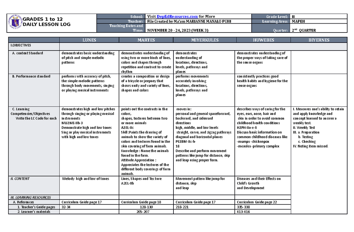 DLL Mapeh 2 Q2 W3 - thank you - GRADES 1 to 12 DAILY LESSON LOG School ...