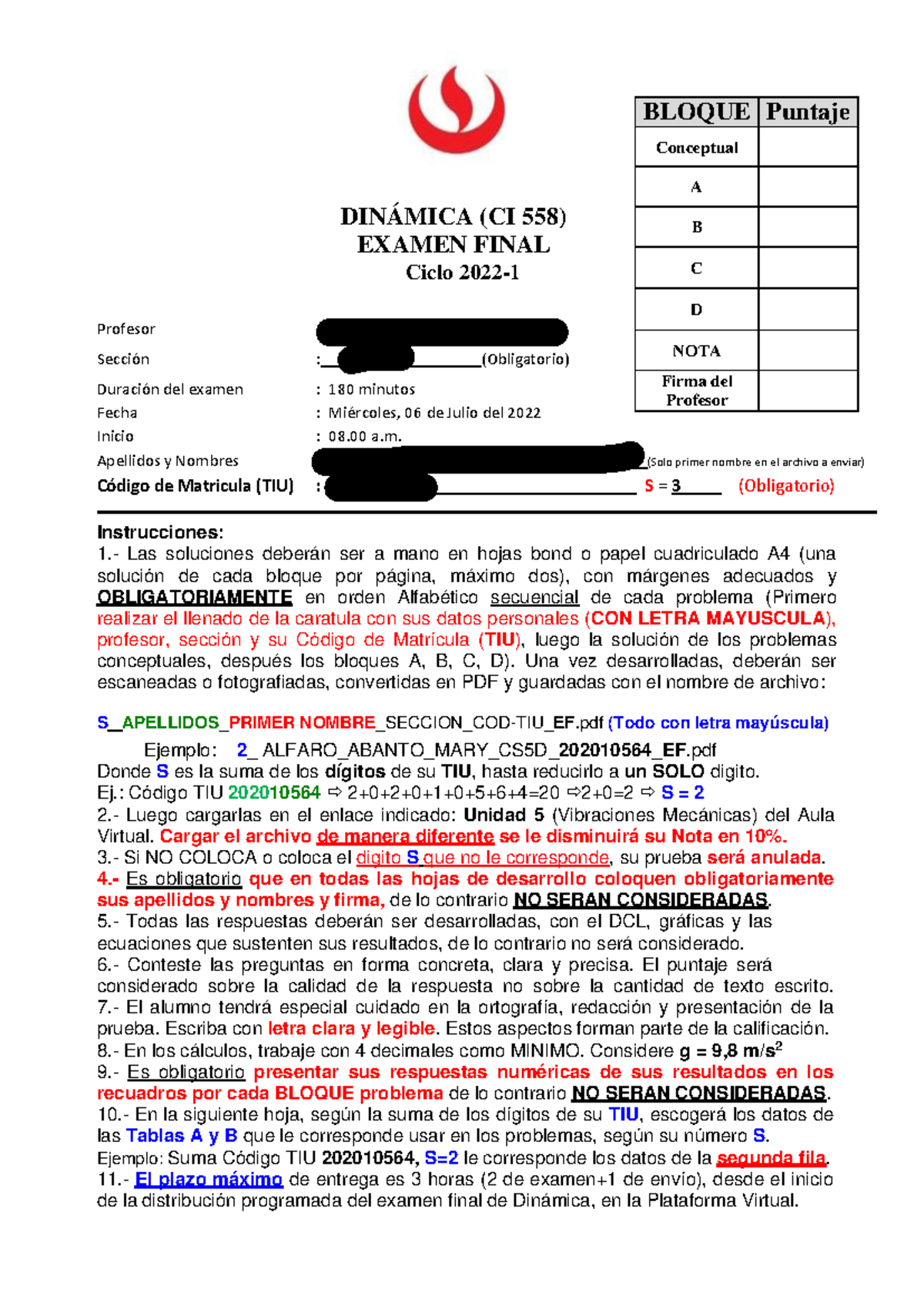 3 Exam Final Cv51 202256555 Ef DinÁmica Ci 558 Examen Final Ciclo 2022 Profesor Tito 2029