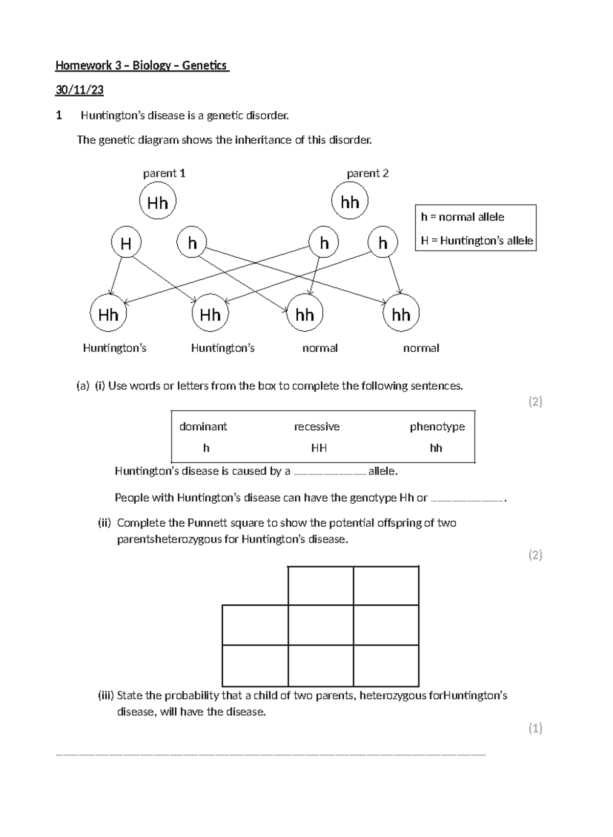 Homework 3 - Biology - Genetics - Homework 3 – Biology – Genetics 30/11 ...