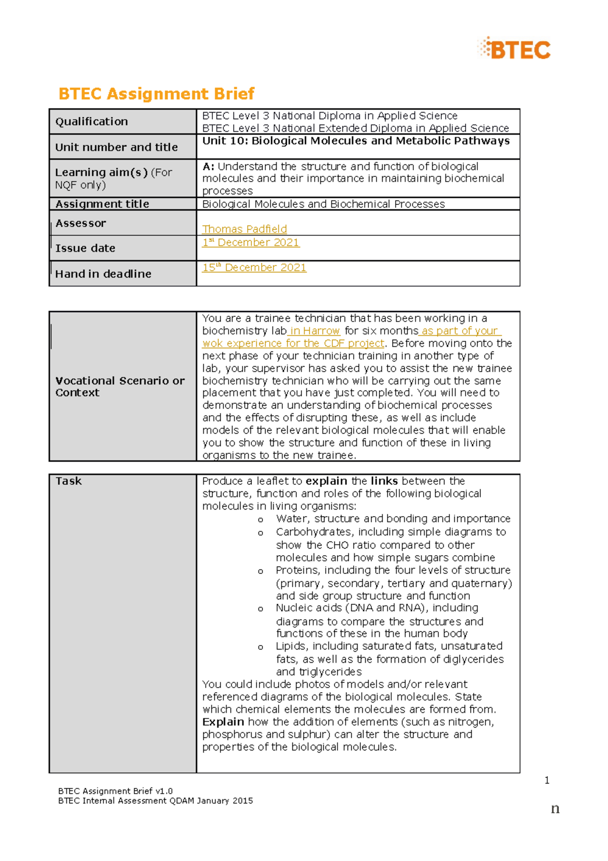 Unit 10 Authorised Assignment Brief for Learning Aim A Biological ...