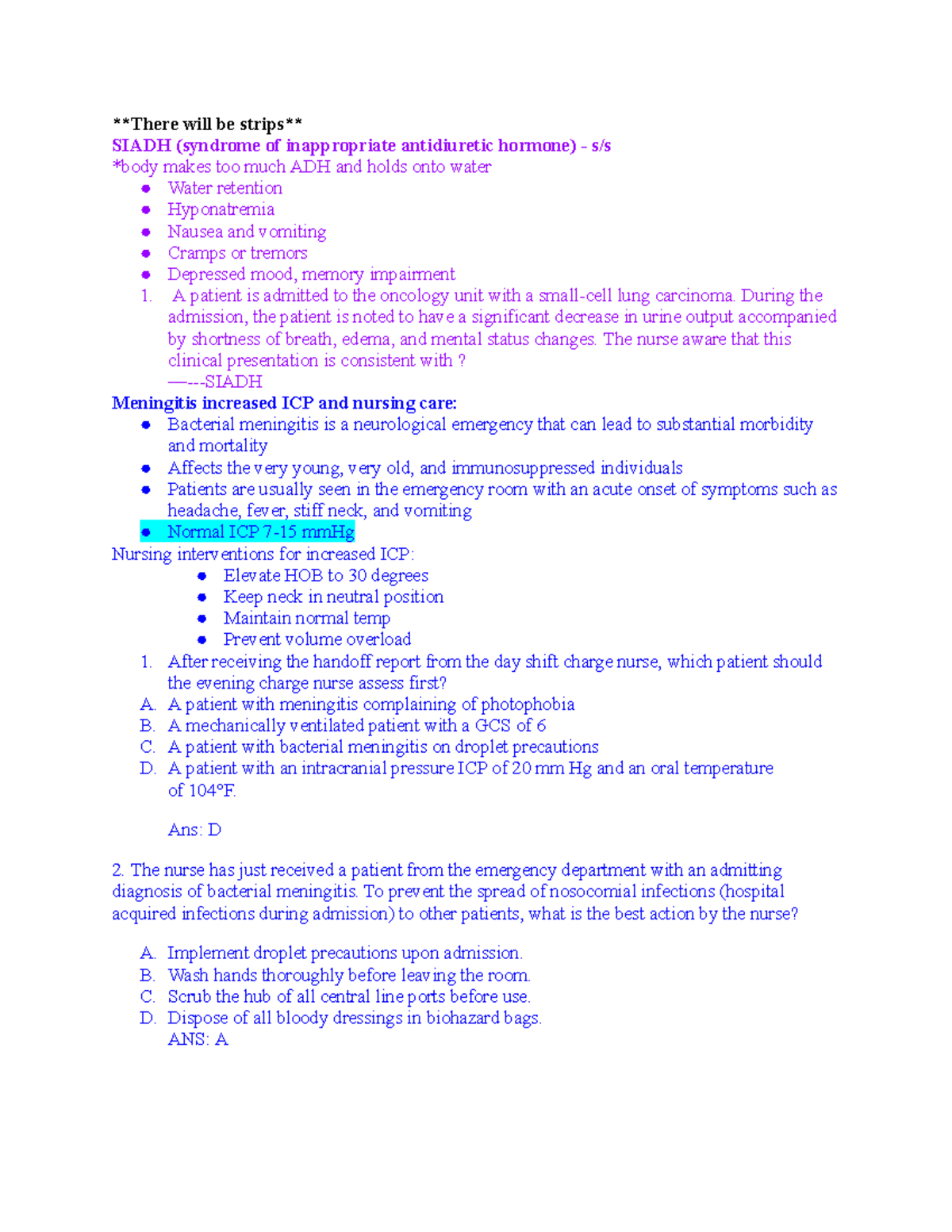 Copy of CC final notes - There will be strips SIADH (syndrome of ...