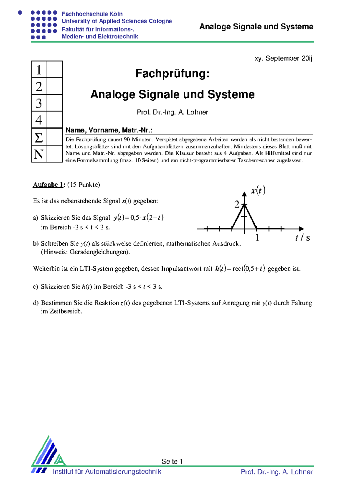 Klausur 2016, Fragen - Seite 1 ####### Analoge Signale und Systeme ...