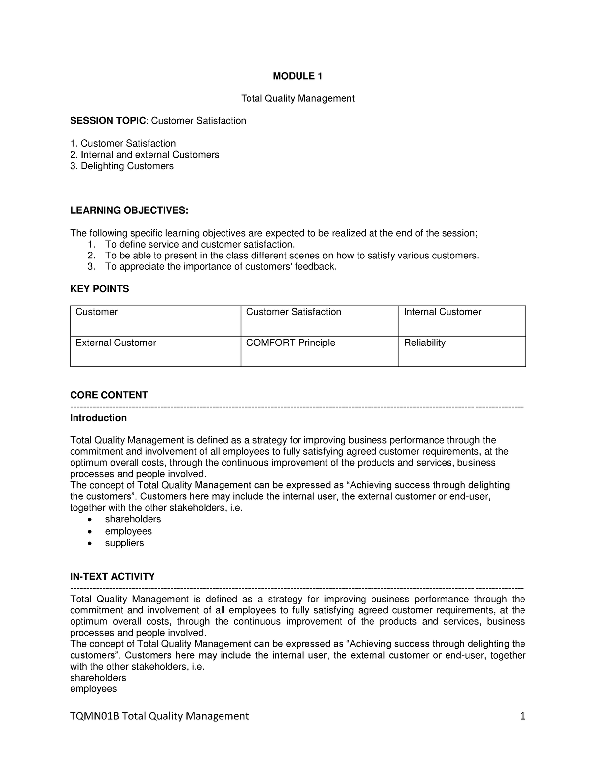 TQMN01B module 5 Customer Satisfaction - MODULE 1 Total Quality ...