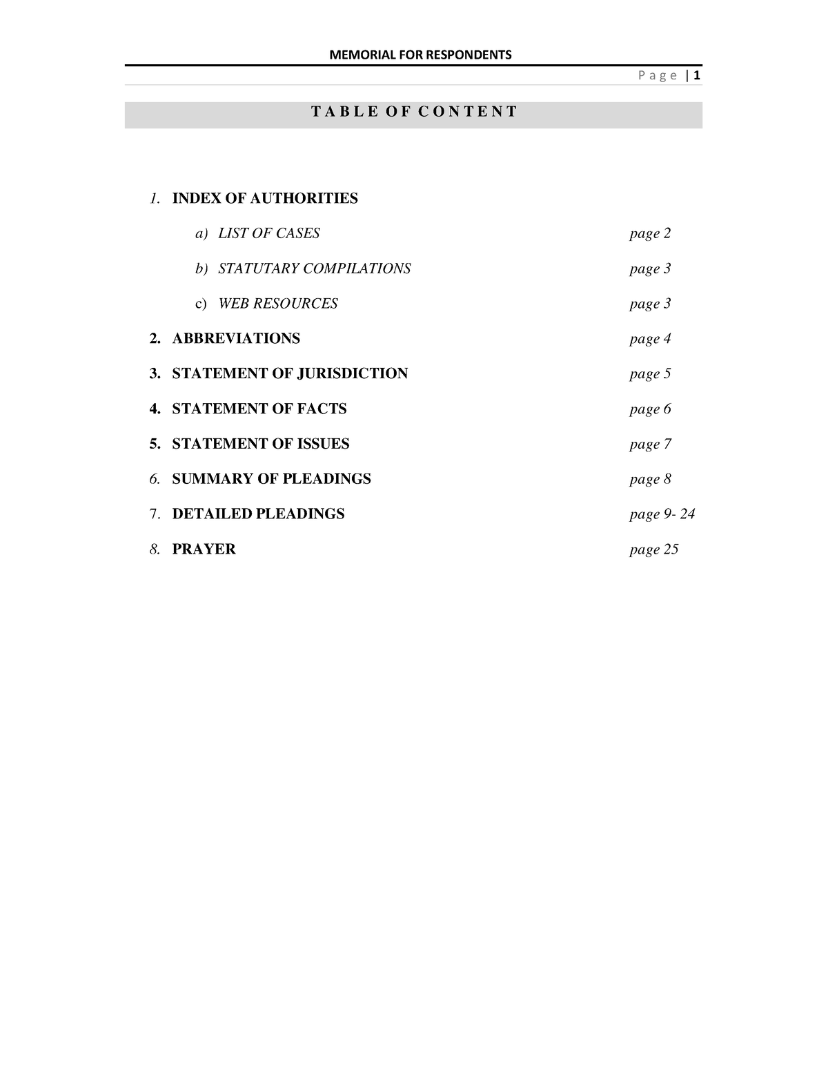 Pleadings For The Respondent - T A B L E O F C O N T E N T - P A G E ...