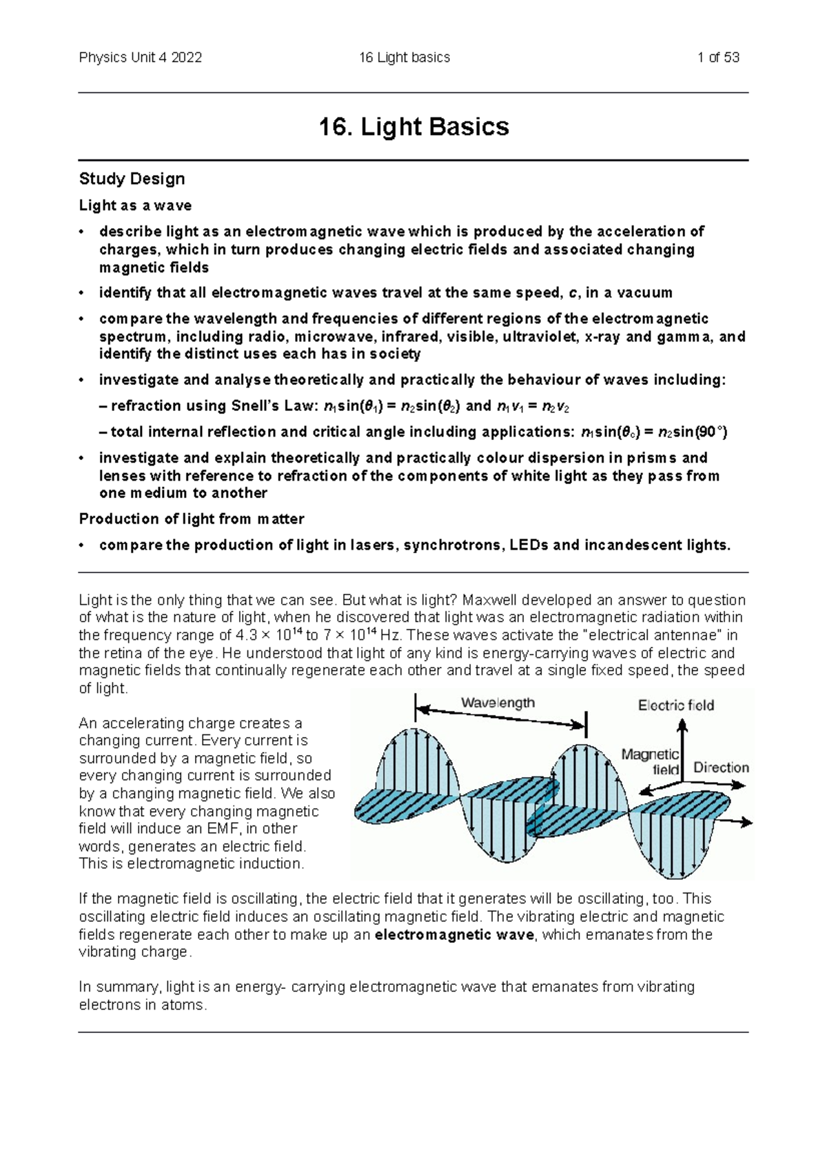 16 Light basics notes 2022 16. Light Basics Study Design Light as a