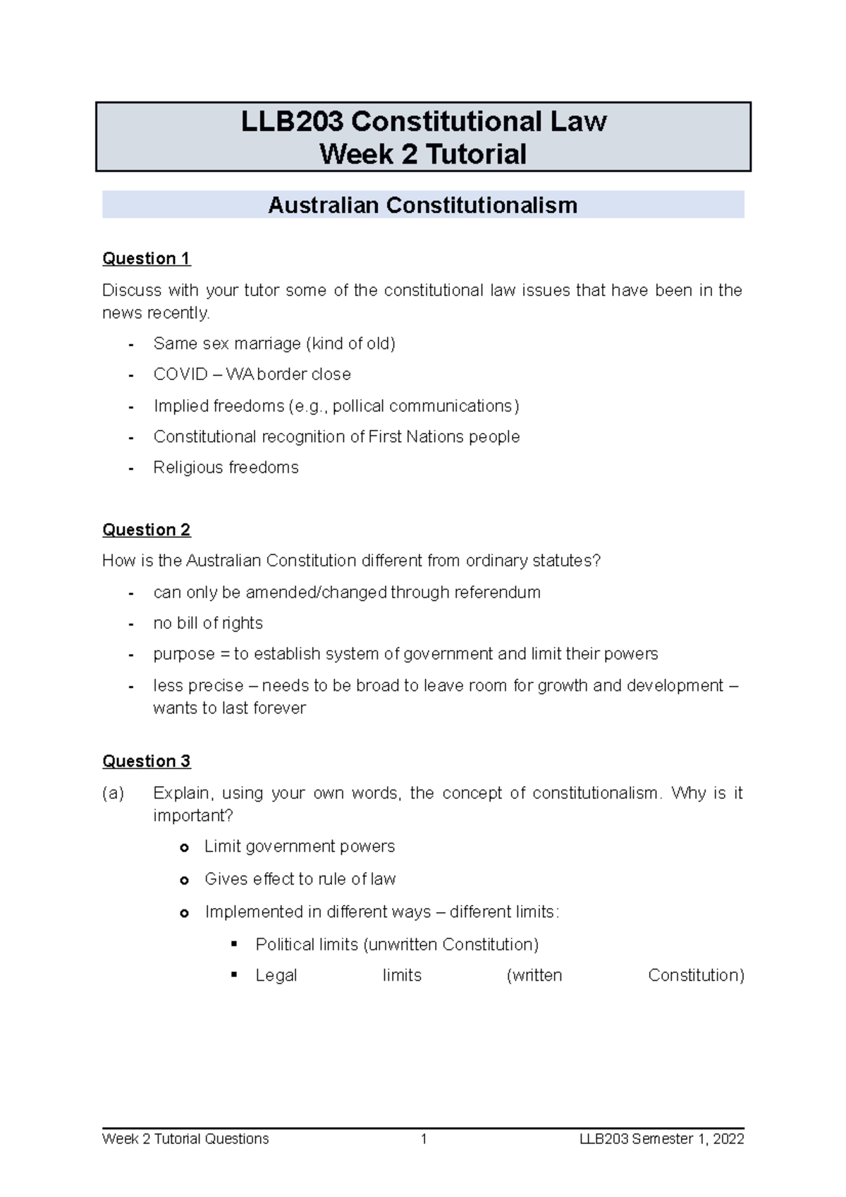 1. Australian Constitutionalism - LLB203 Constitutional Law Week 2 ...