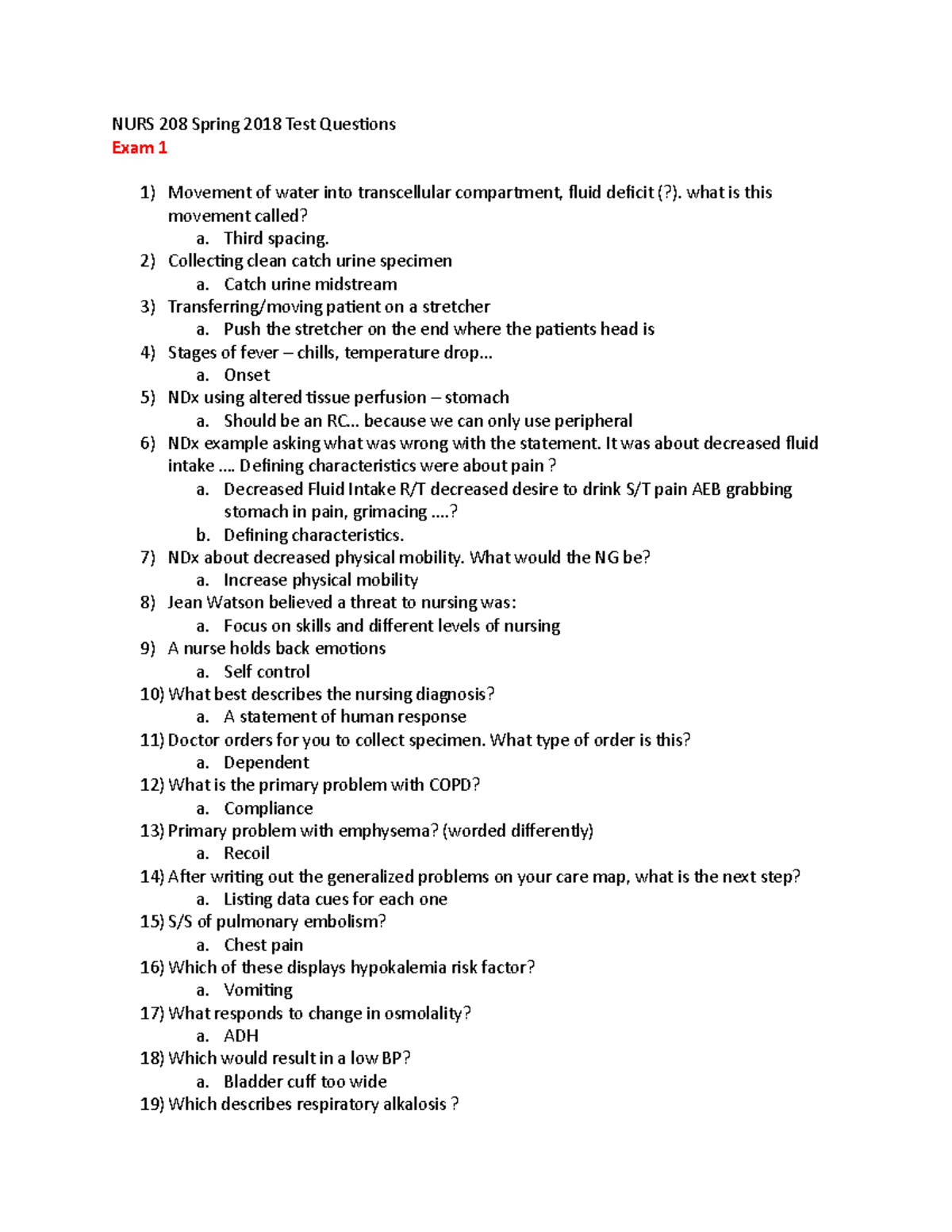 208 Test Questions (ALL) B - NURS 208 Spring 2018 Test Questions Exam 1 ...