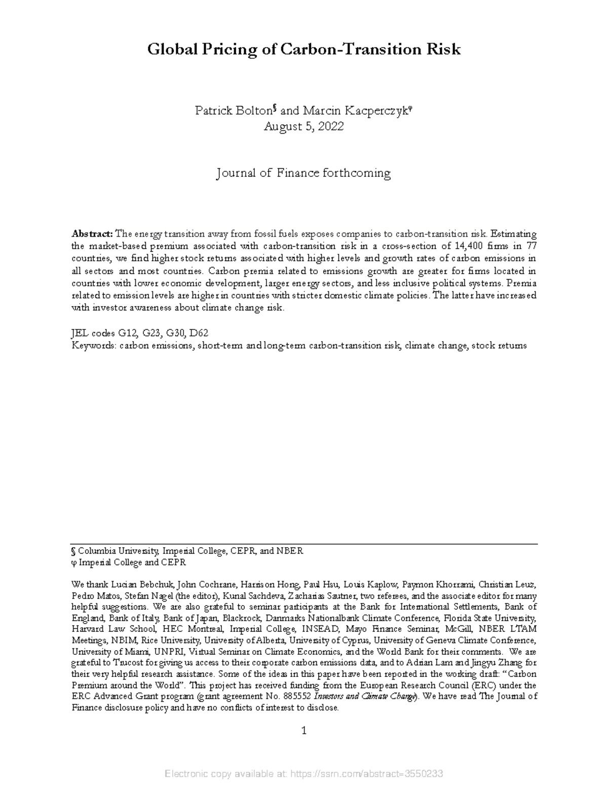 Bolton and Kacperczyk (2022) 1 Global Pricing of CarbonTransition