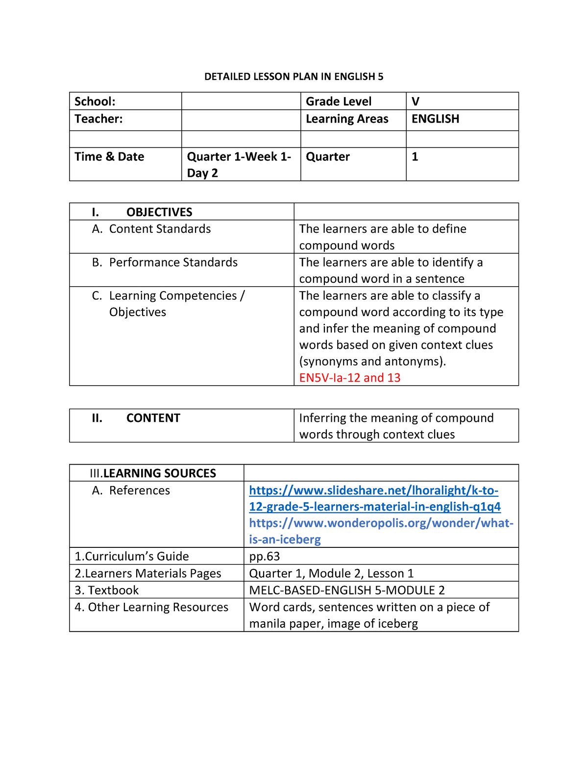 Detailed Lesson PLAN IN English 5 - DETAILED LESSON PLAN IN ENGLISH 5 ...