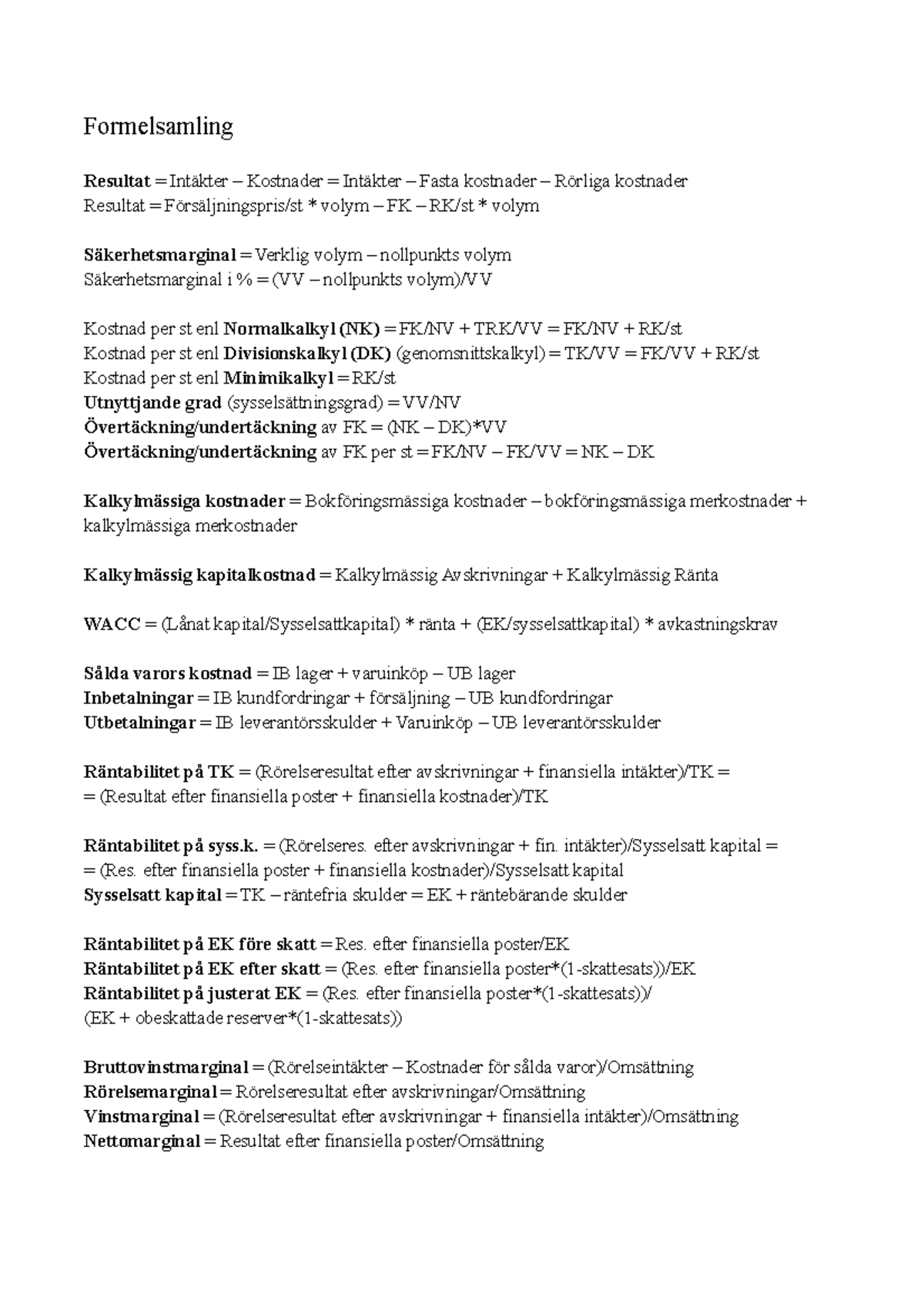 Formelsamling - Ekonomi- Och Verksamhetsstyrning A - Formelsamling ...