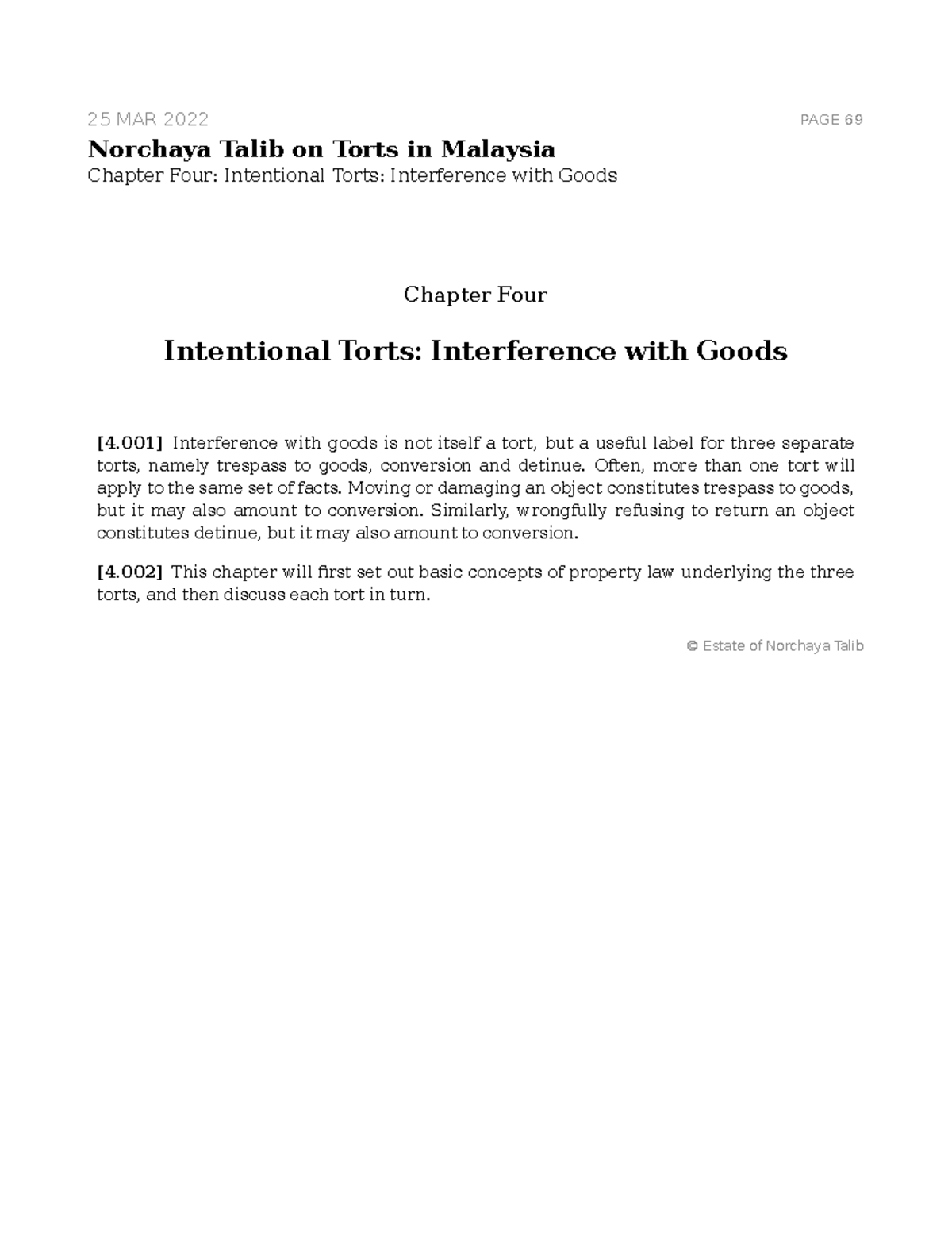 Chapter 4 of Norchaya Talib on Torts in Malaysia (Intentional Torts