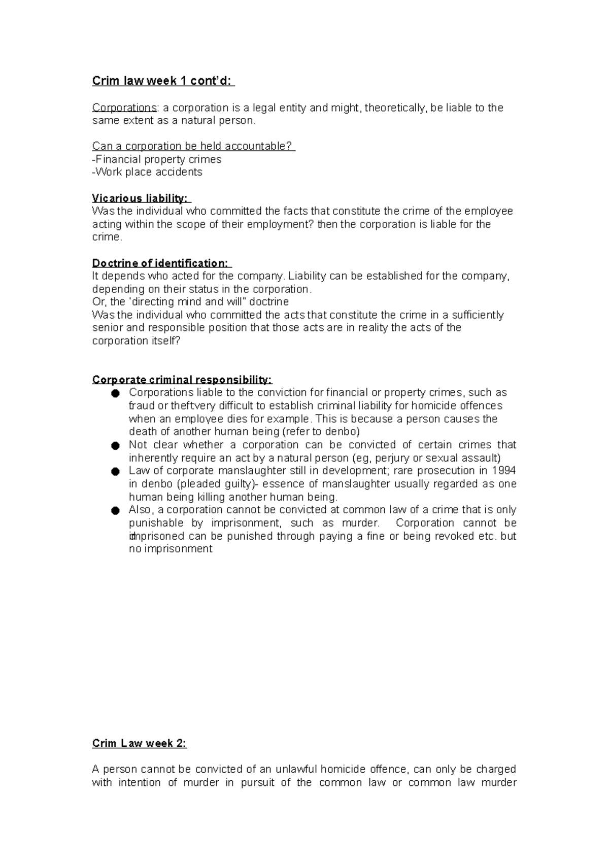 MLL114 Criminal Law Notes WEEK 1 cont’d+ WEEK 2 - Crim law week 1 cont ...