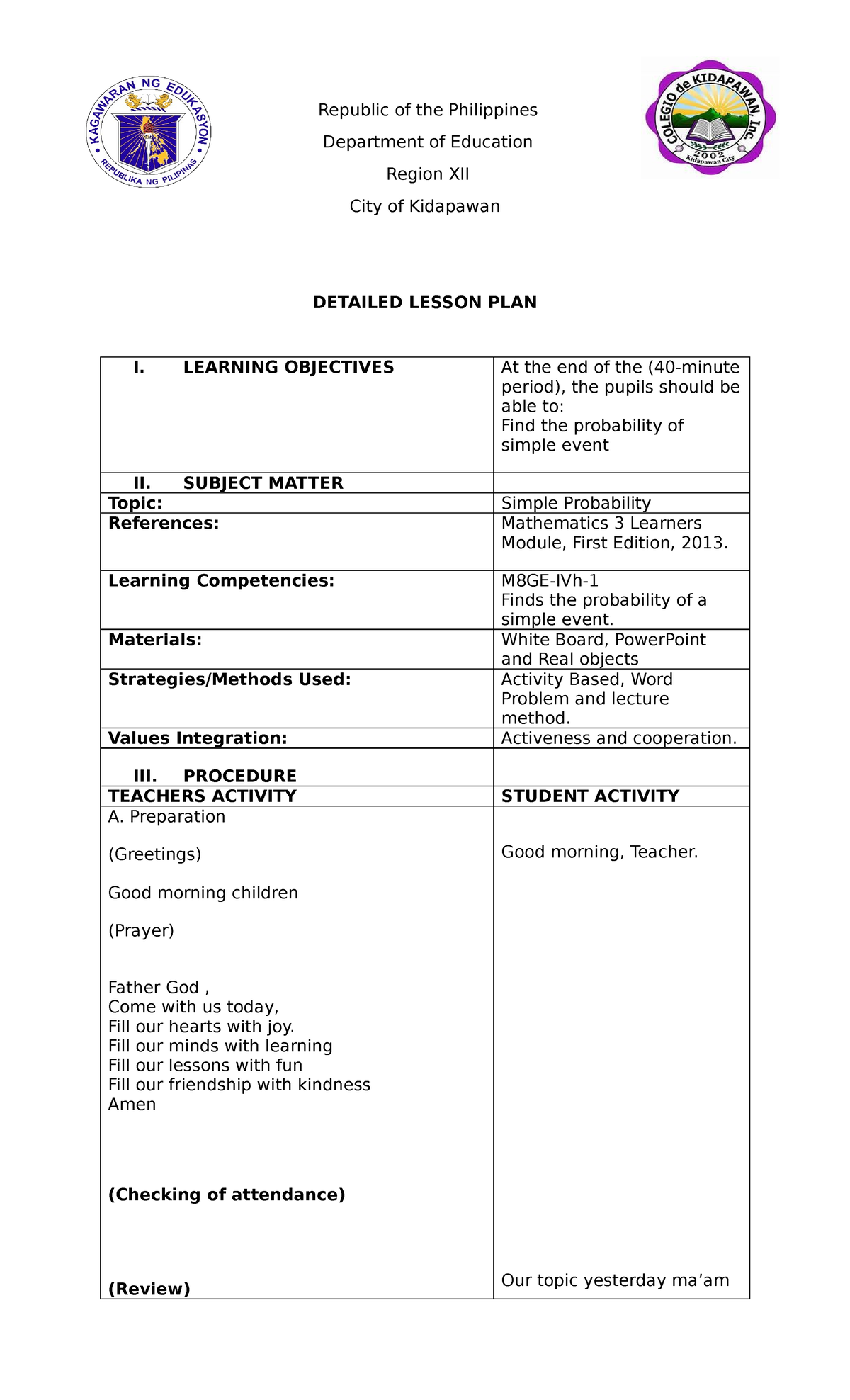 MATH- Lesson-PLAN - Republic of the Philippines Department of Education ...
