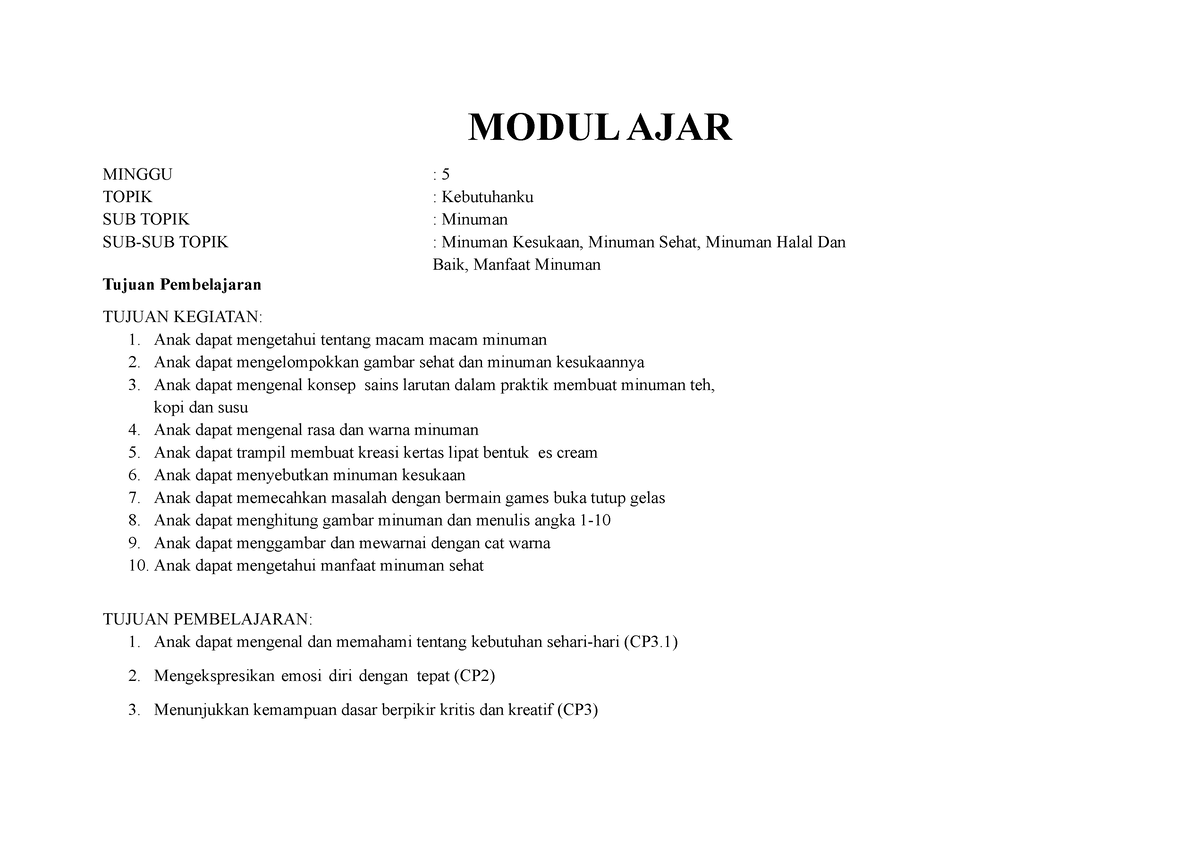 Modul AJAR Minuman Dan Pakaian - MODUL AJAR MINGGU TOPIK SUB TOPIK SUB ...