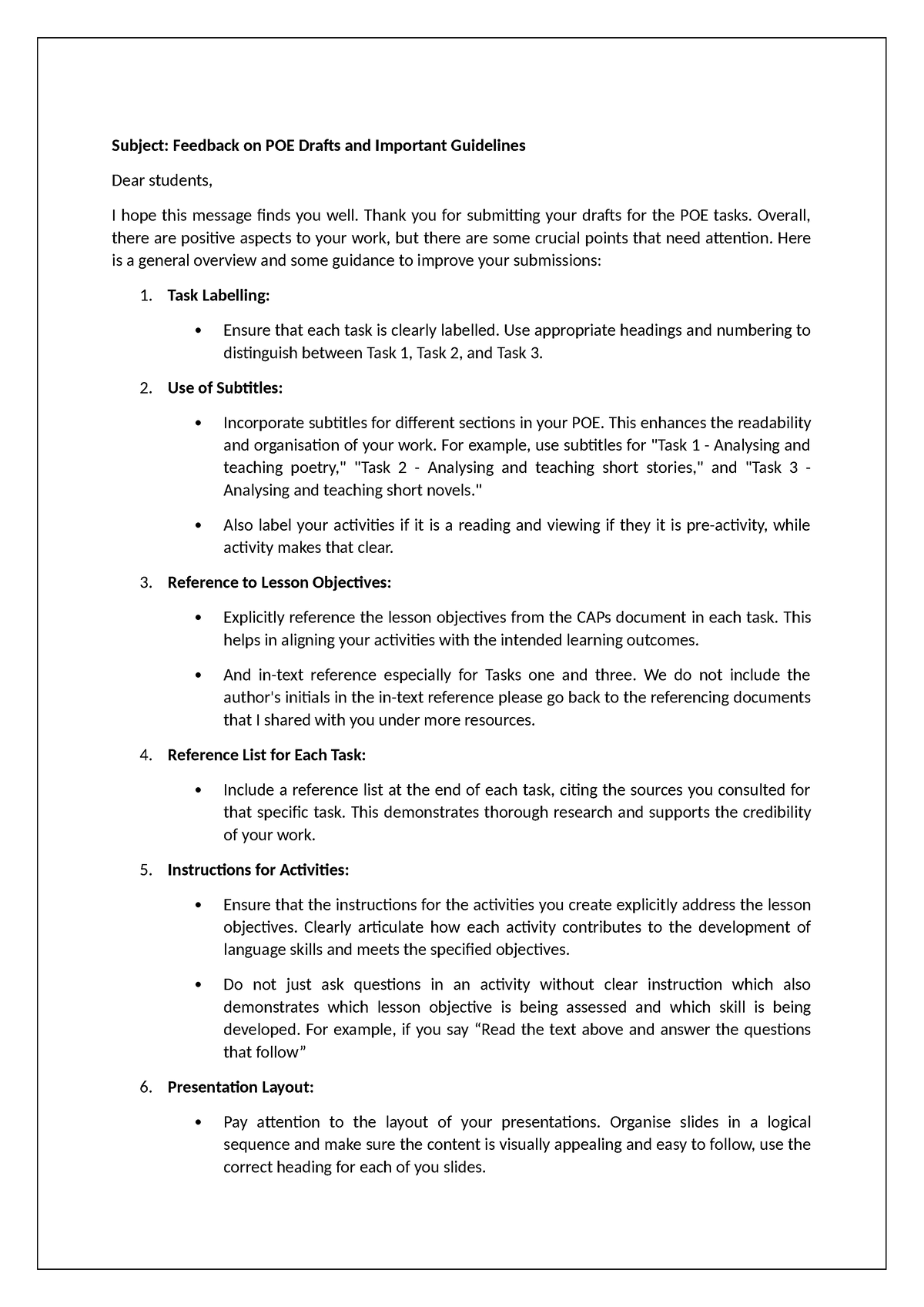 IFFA6312 POE Drafts Feedback - Subject: Feedback on POE Drafts and ...