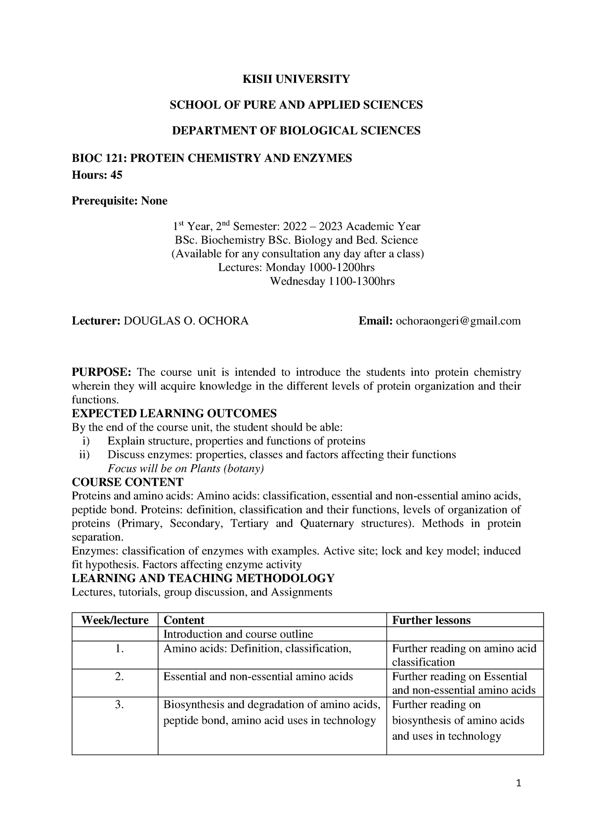 BIOC 121 Protein Chemistry And Enzymes-Course Outline JAN-APR 2023 - 1 ...