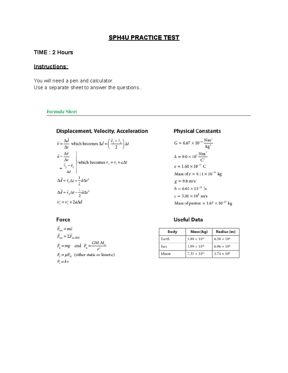 SPH4U Practice TEST For Final Exam F2023 - SPH4U PRACTICE TEST TIME : 2 ...