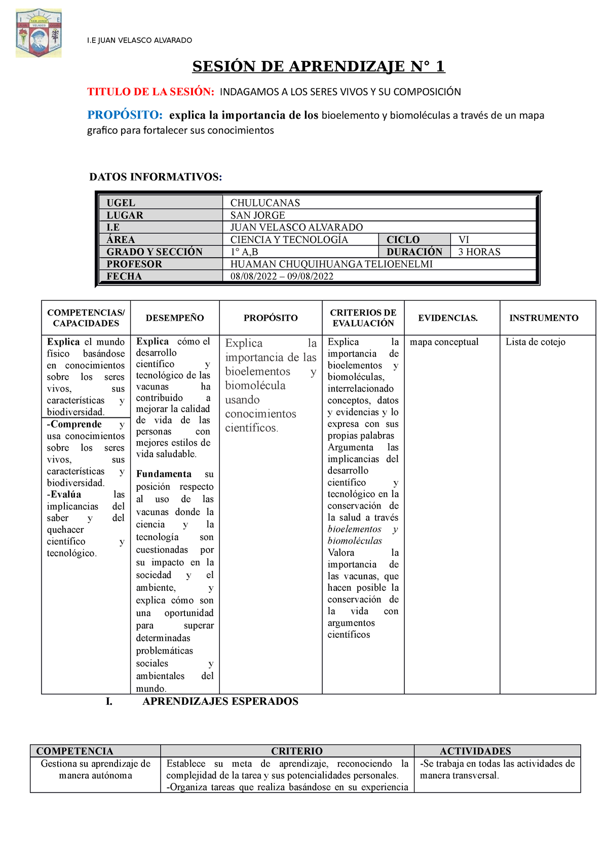 Sesion DE Aprendisaje 1AB - SESIÓN DE APRENDIZAJE N° 1 TITULO DE LA ...