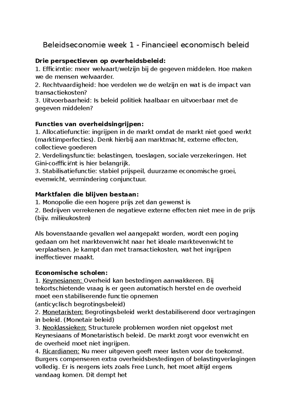 Beleidseconomie Samenvatting Week 1 - Beleidseconomie Week 1 ...