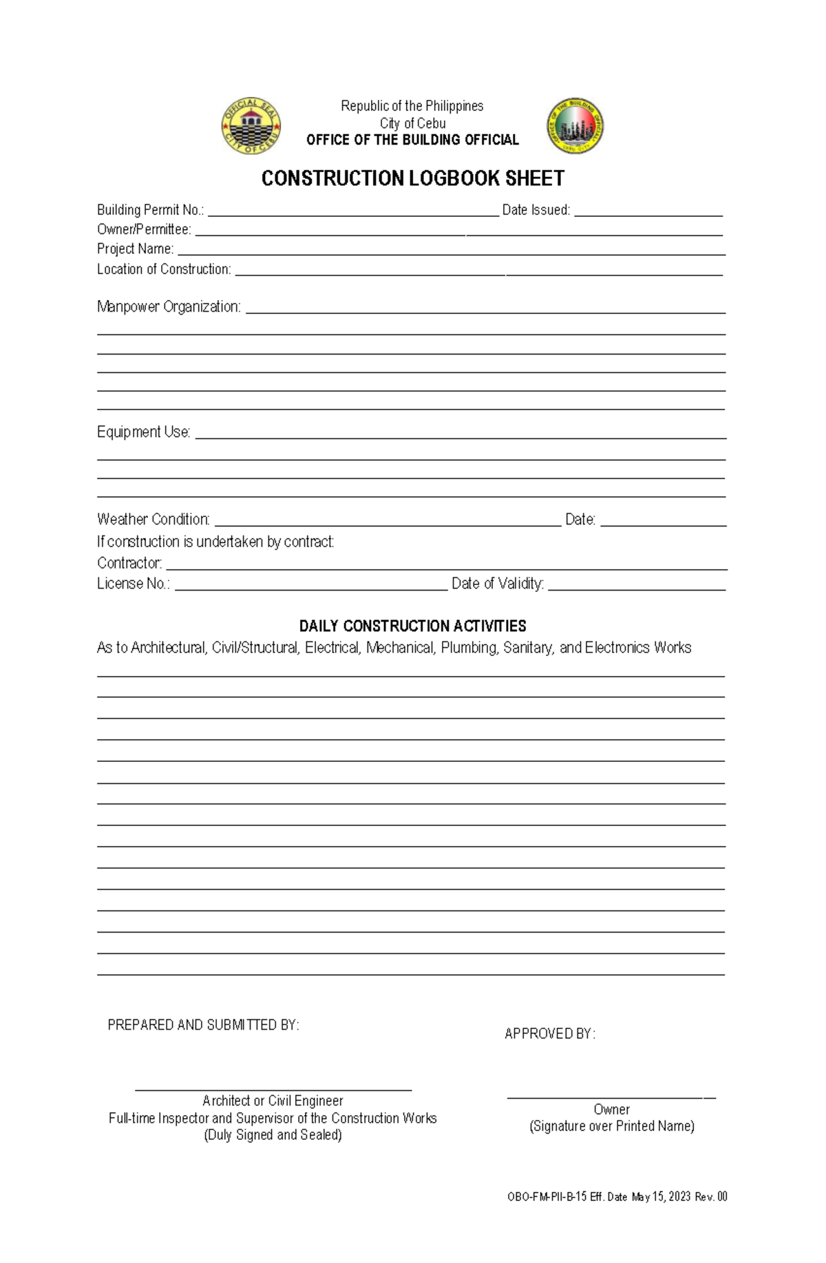 OBO-FM-PII-B-15-v.00-Construction-Logbook-Sheet - OBO-FM-PII-B- 15 Eff ...