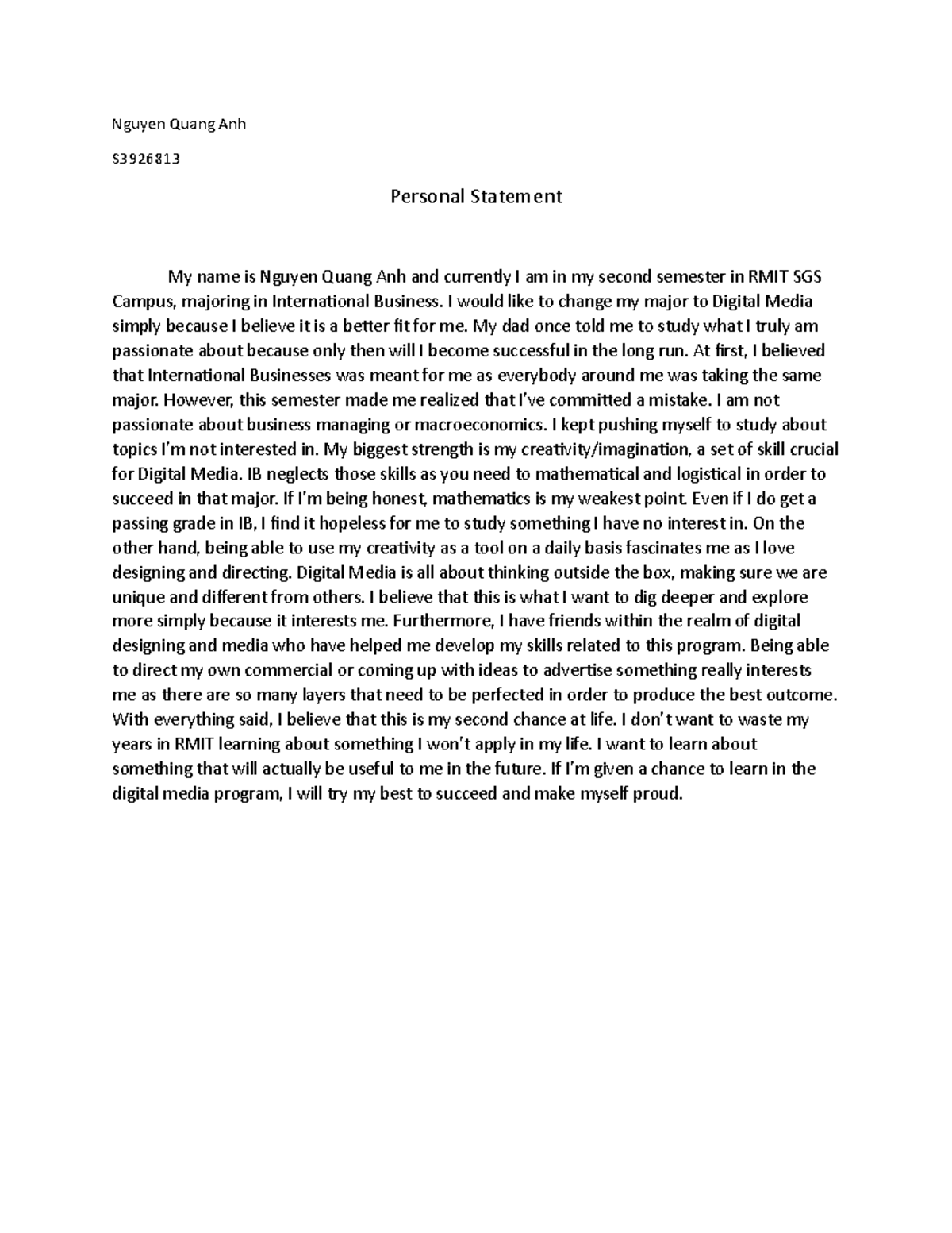 Personal Statement for switching to digital media - Nguyen Quang Anh S ...