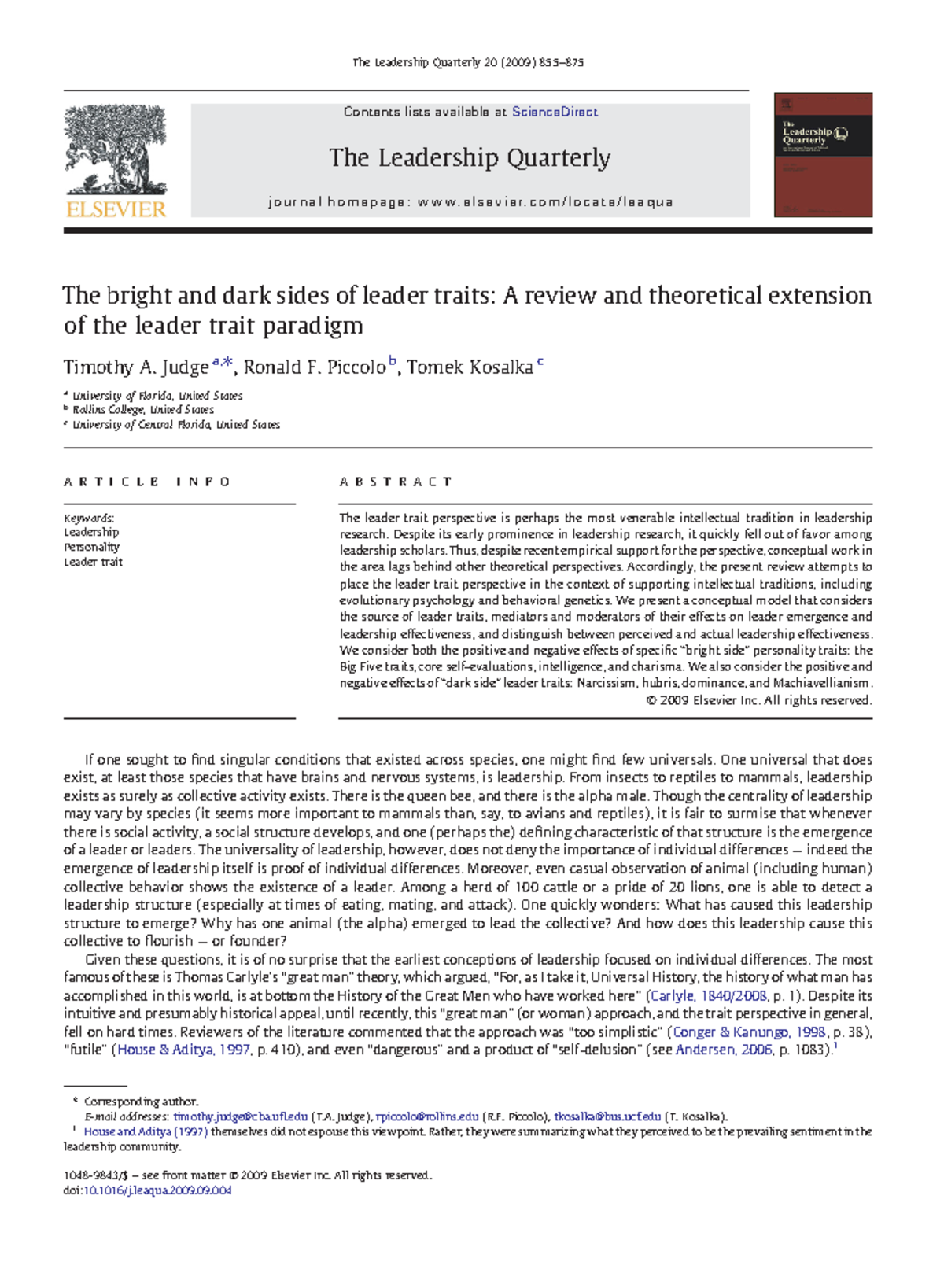 Judge et al. - 2009 - The bright and dark sides of leader traits A revi ...