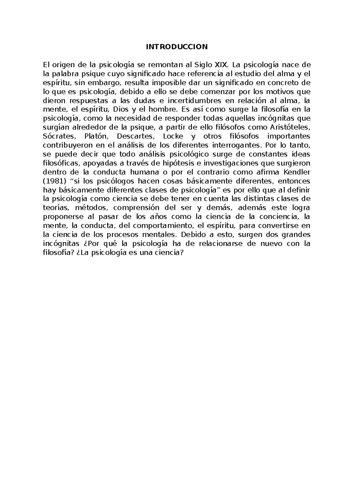 Introduccion Psicologia INTRODUCCION El origen de la psicología se