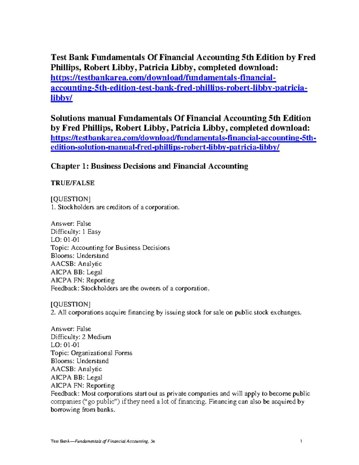 Test Bank Fundamentals Of Financial Accounting 5th Edition by Fred ...