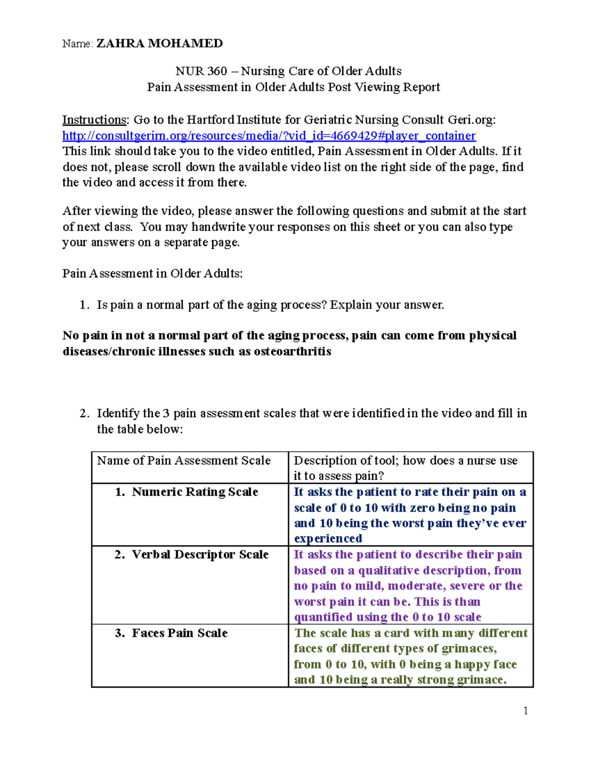 Pain Assessment in Older Adults Post Viewing Report - Name: ZAHRA ...