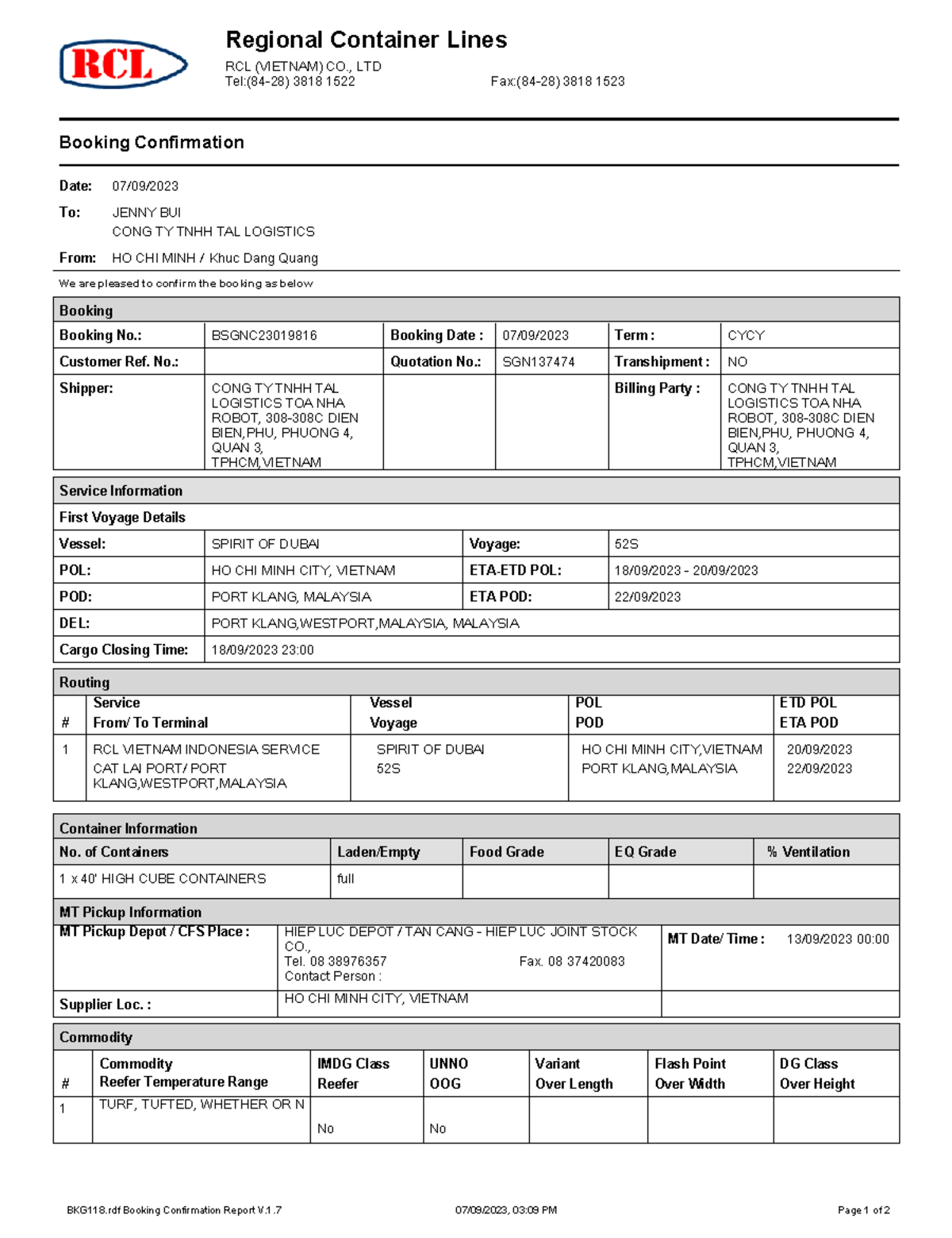 （冠亚）3806YCA230720-030 40HQX1 9 - Regional Container Lines Booking ...