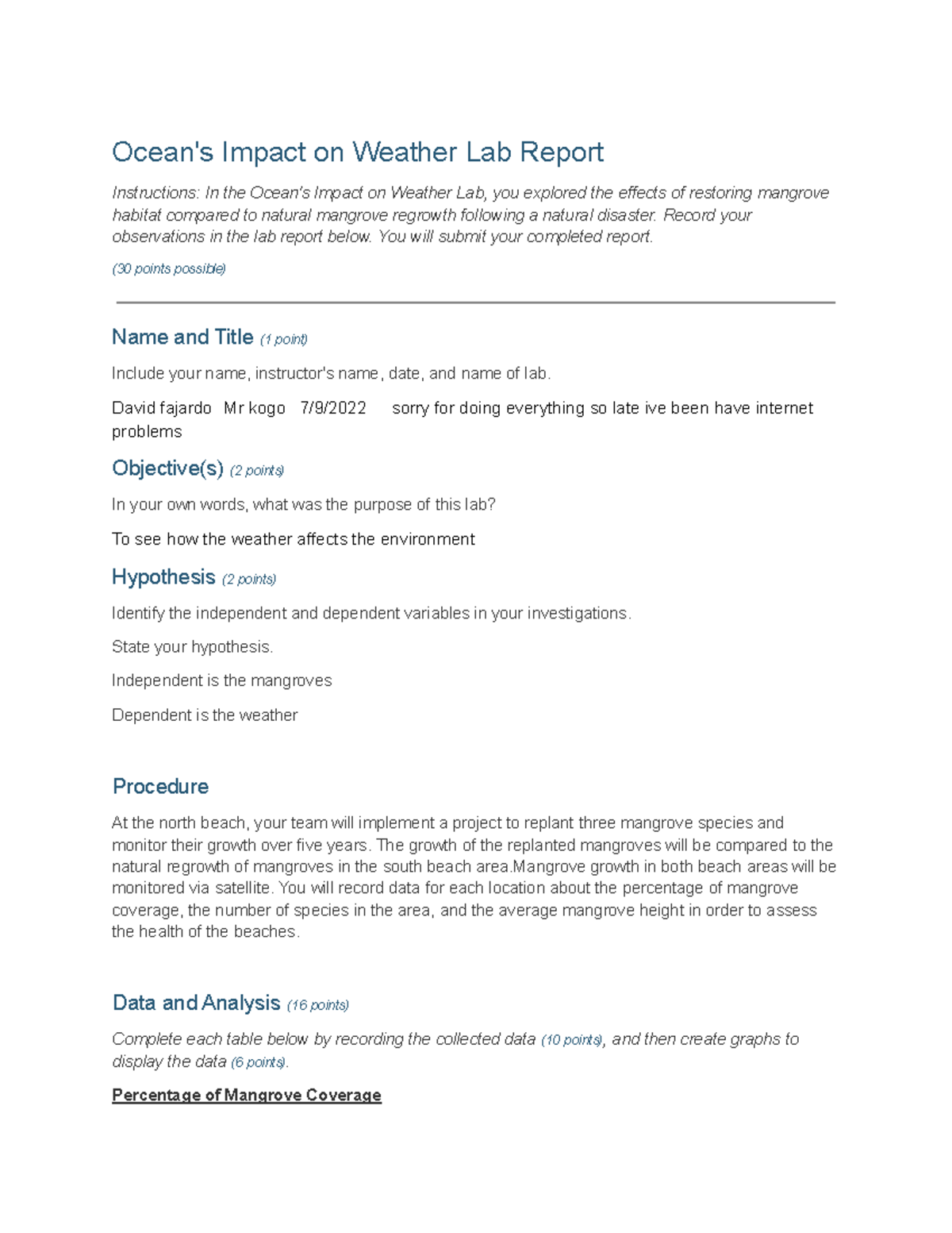 Ocean's Impact on Weather Lab Report Ocean's Impact on Weather Lab